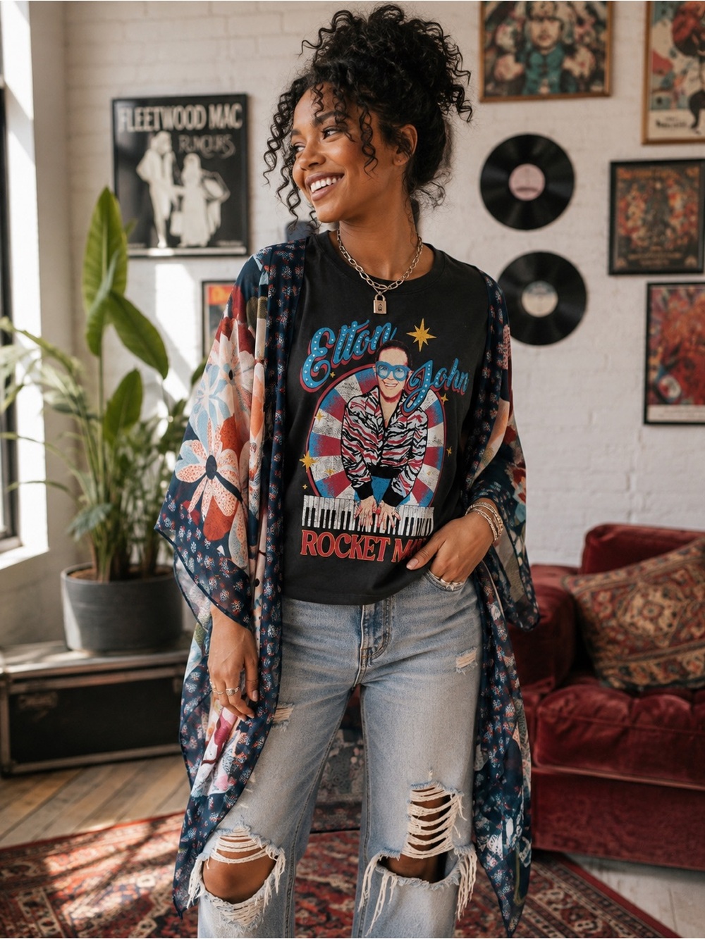 Elton John Rocket Man Graphic Kimono Tee